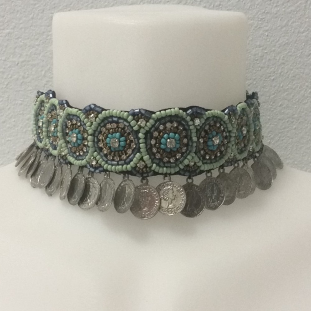 Blue Green Beaded Choker Necklace